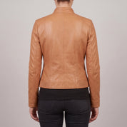 Women's Tan Leather Cafe Racer Jacket — Clawson