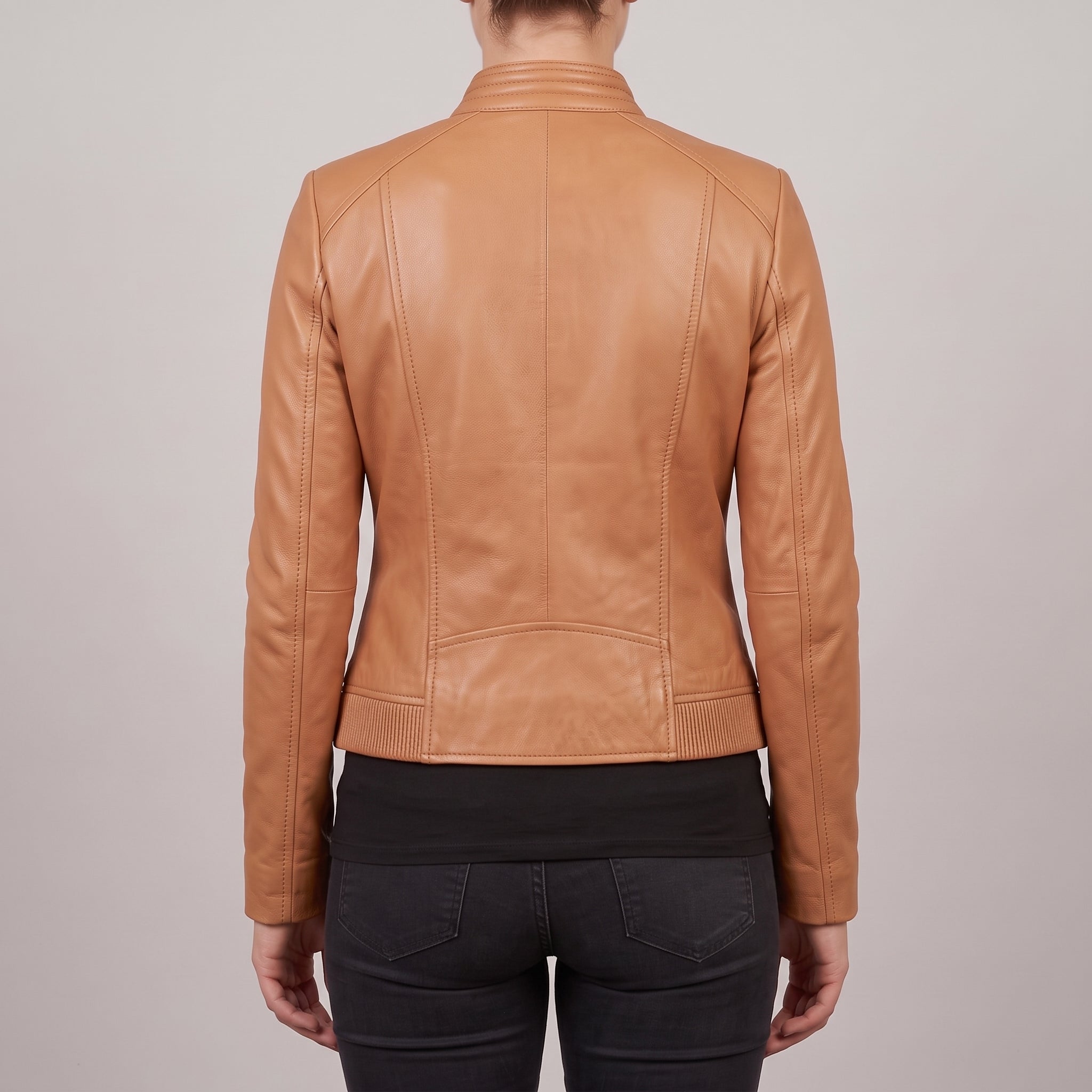 Women's Tan Leather Cafe Racer Jacket — Clawson