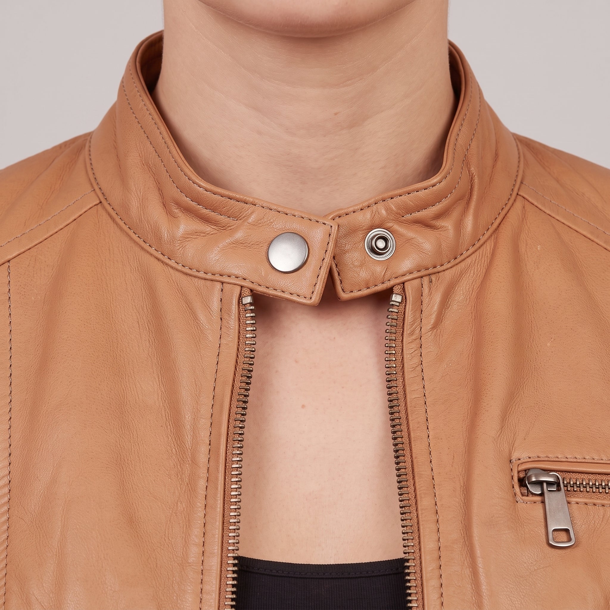 Women's Tan Leather Cafe Racer Jacket — Clawson