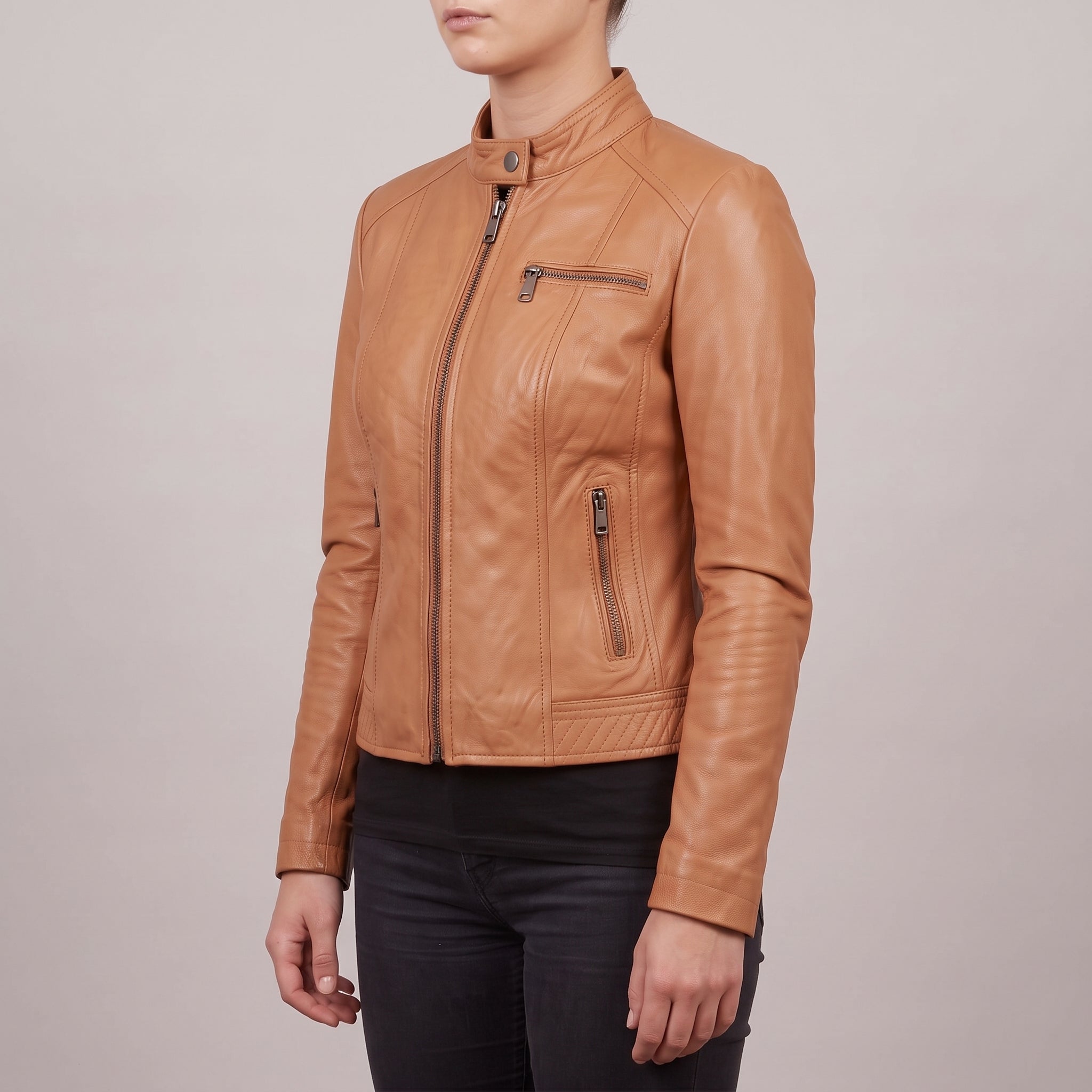 Women's Tan Leather Cafe Racer Jacket — Clawson