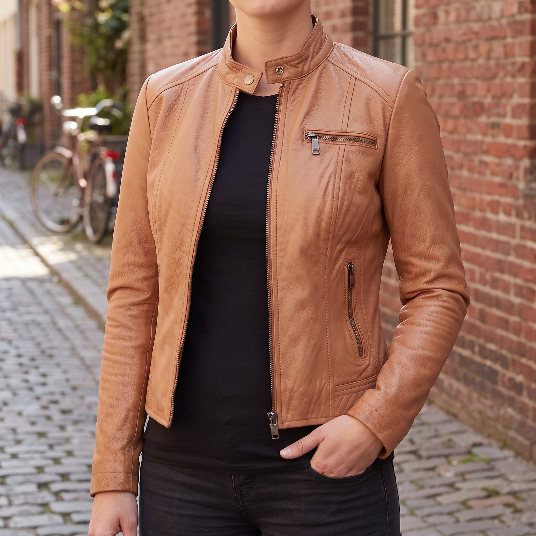 Women's Tan Leather Cafe Racer Jacket — Clawson