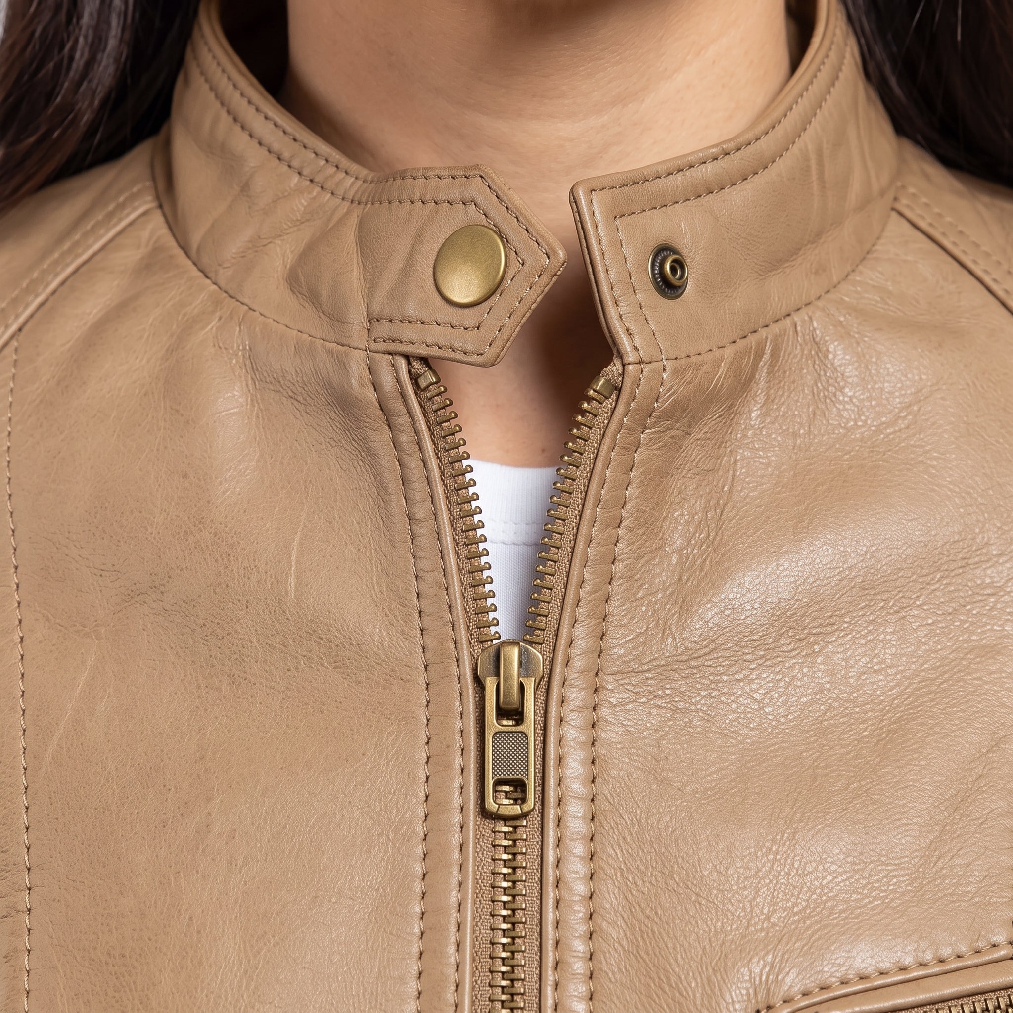 Women's Tan Leather Cafe Racer Jacket — Stubbington