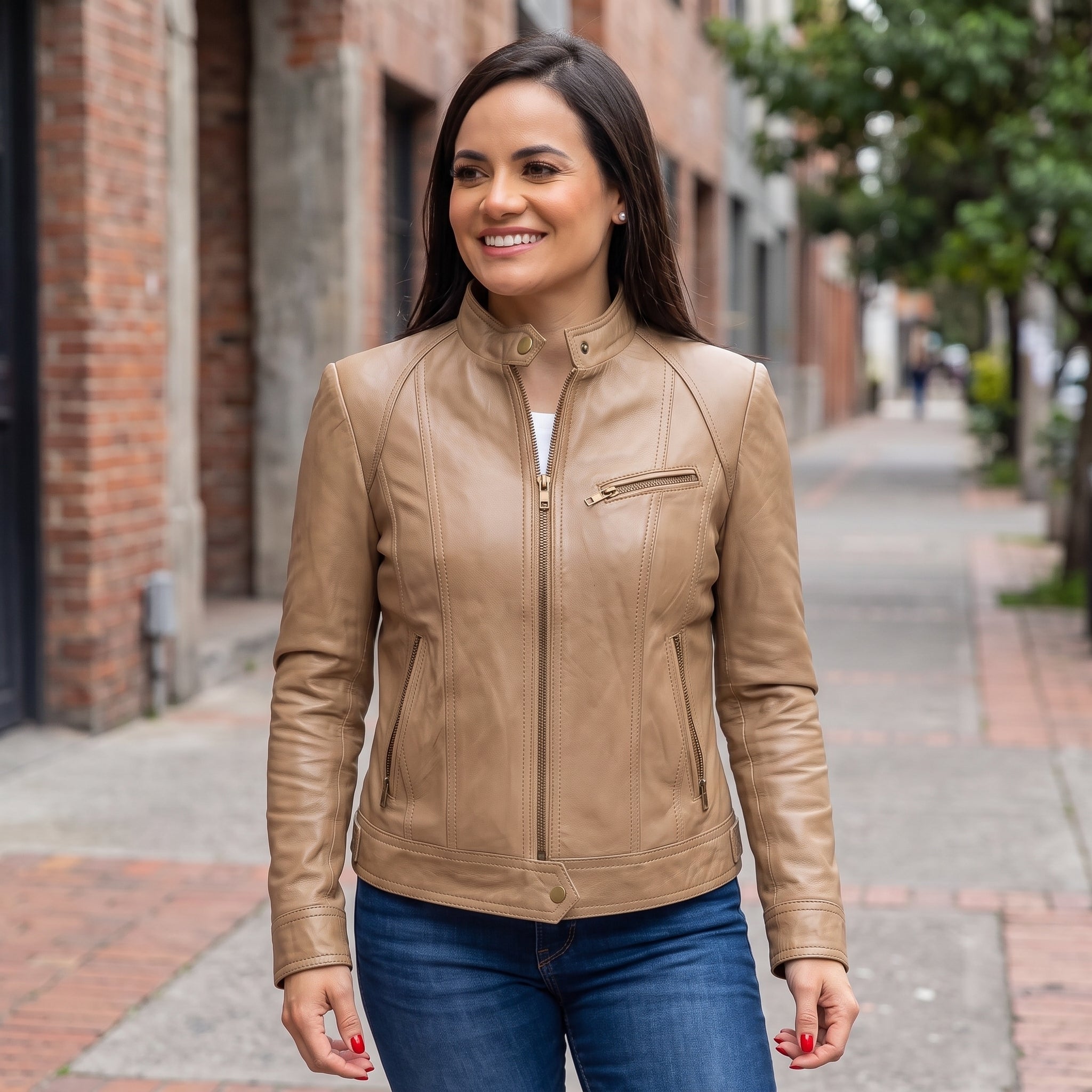 Women's Tan Leather Cafe Racer Jacket — Stubbington
