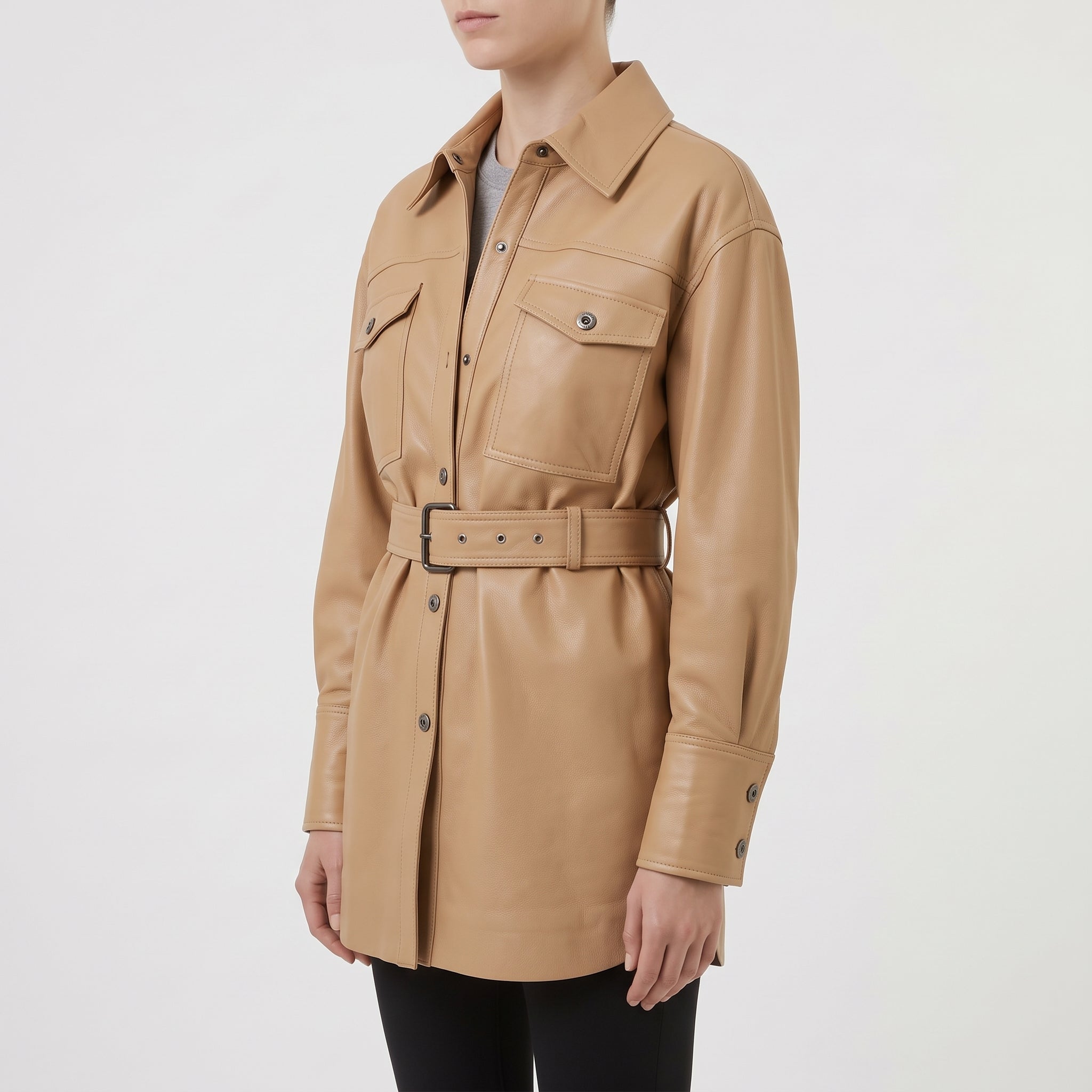 Women's Tan Leather Trench Jacket — Aldous