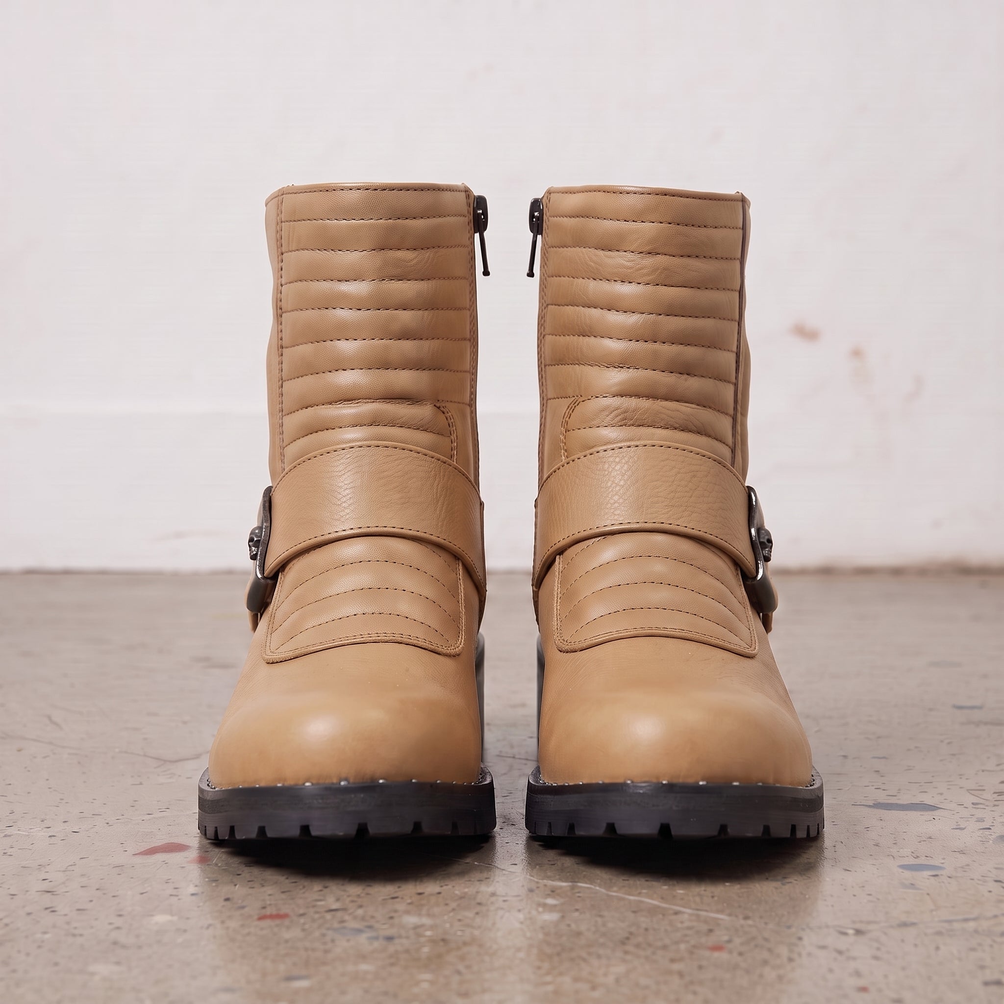 Women's Tan Plain-Toe Leather Biker Boots — Slingsby