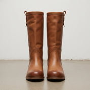Women's Tan Round-Toe Leather Knee-High Western Boots — Beedon