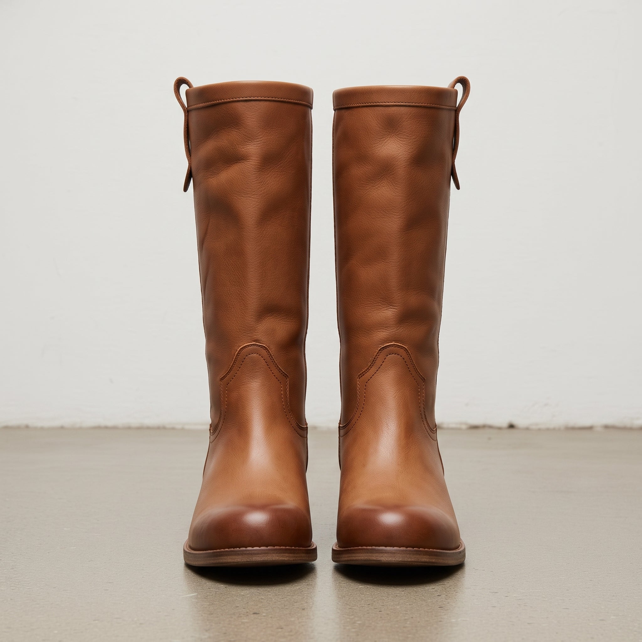 Women's Tan Round-Toe Leather Knee-High Western Boots — Beedon