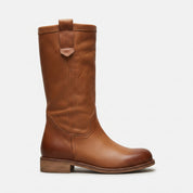 Women's Tan Round-Toe Leather Knee-High Western Boots — Beedon