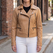 Women's Tan Quilted Leather Biker Jacket — Colgrave