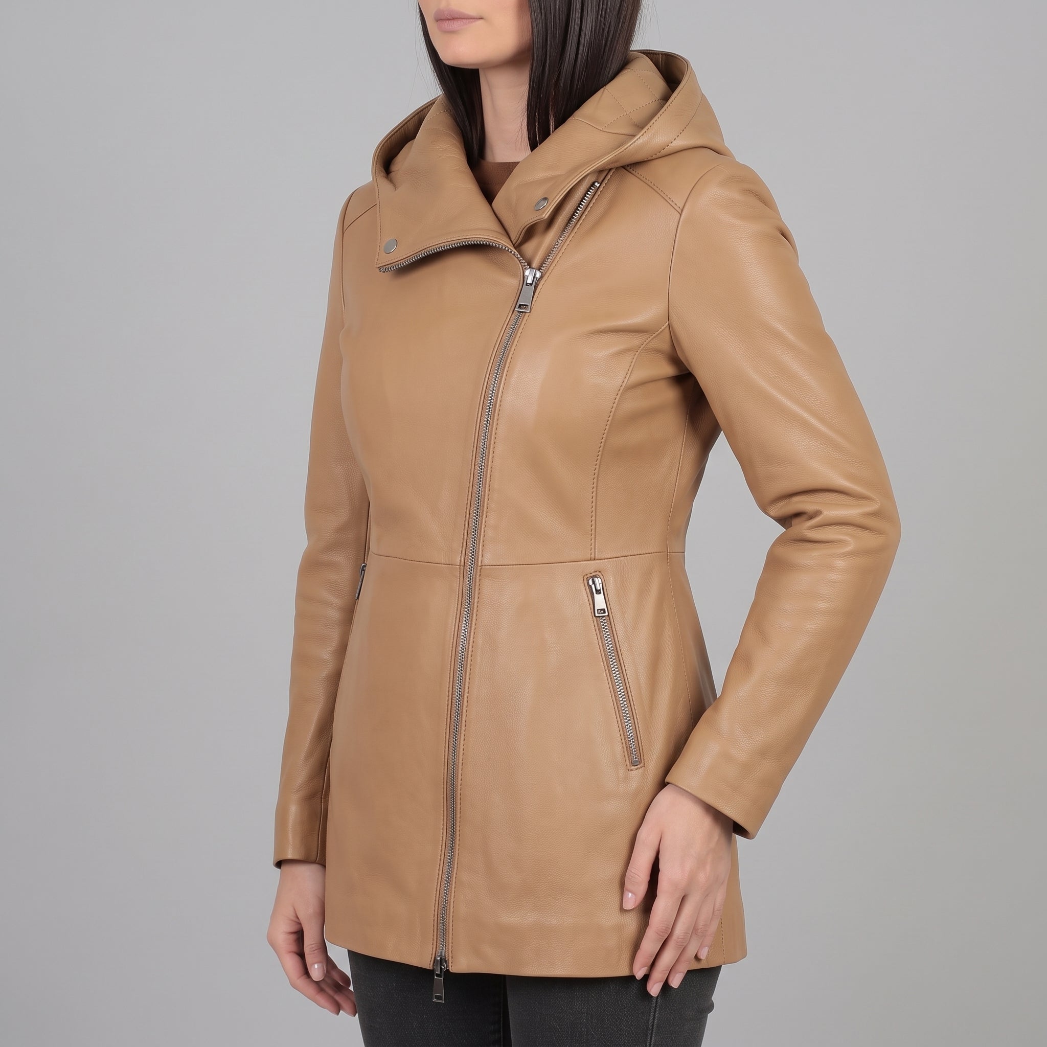 Women's Tan Hooded Leather Jacket — Strode