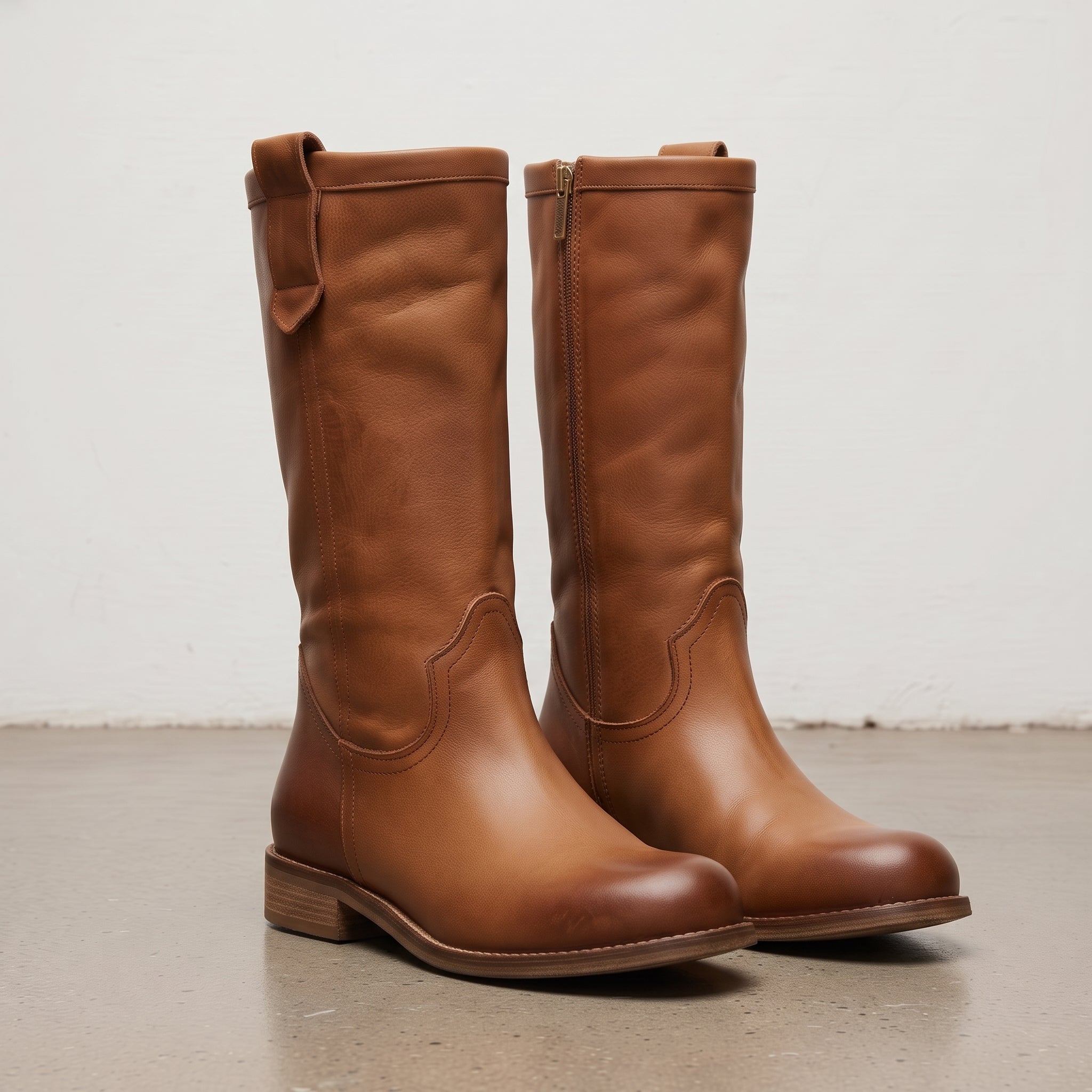 Women's Tan Round-Toe Leather Knee-High Western Boots — Beedon