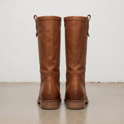 Women's Tan Round-Toe Leather Knee-High Western Boots — Beedon