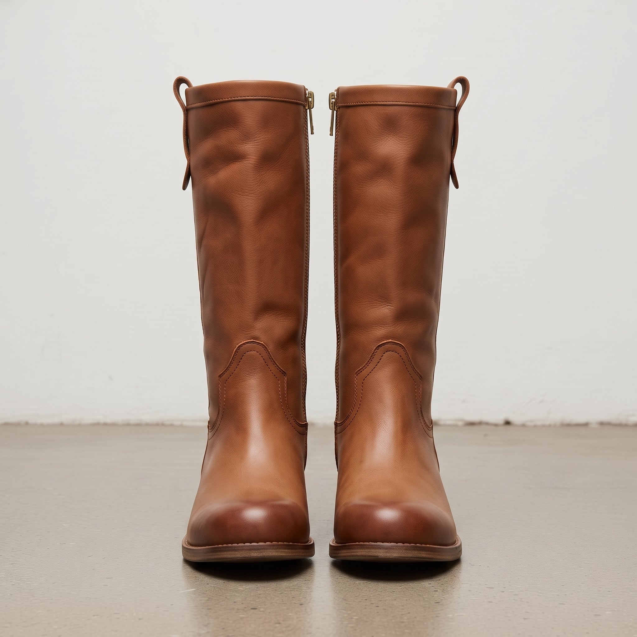 Women's Tan Round-Toe Leather Knee-High Western Boots — Beedon