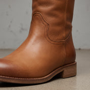 Women's Tan Round-Toe Leather Knee-High Western Boots — Beedon