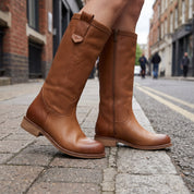 Women's Tan Round-Toe Leather Knee-High Western Boots — Beedon
