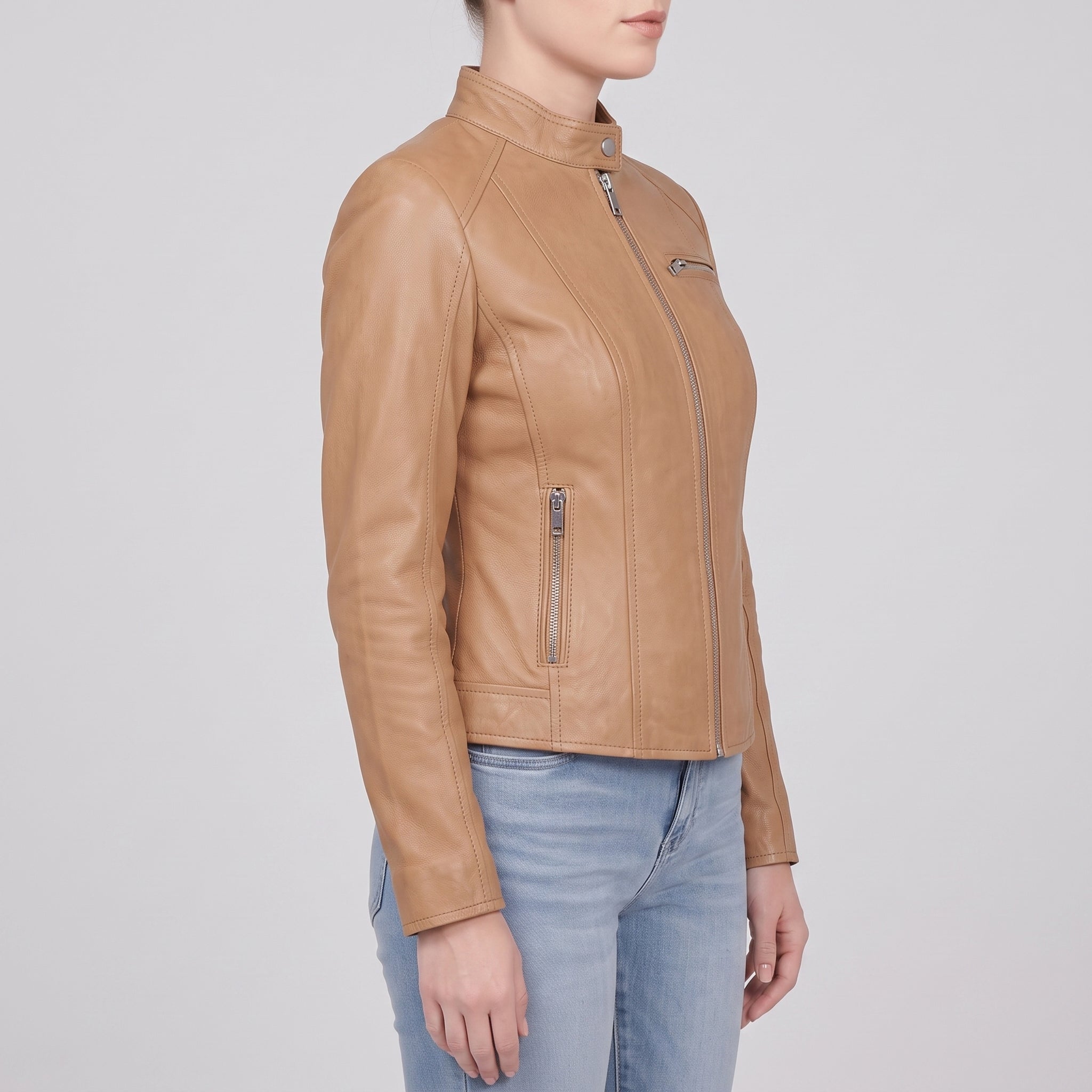 Women's Tan Leather Biker Jacket — Cary