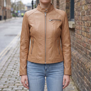 Women's Tan Leather Biker Jacket — Cary