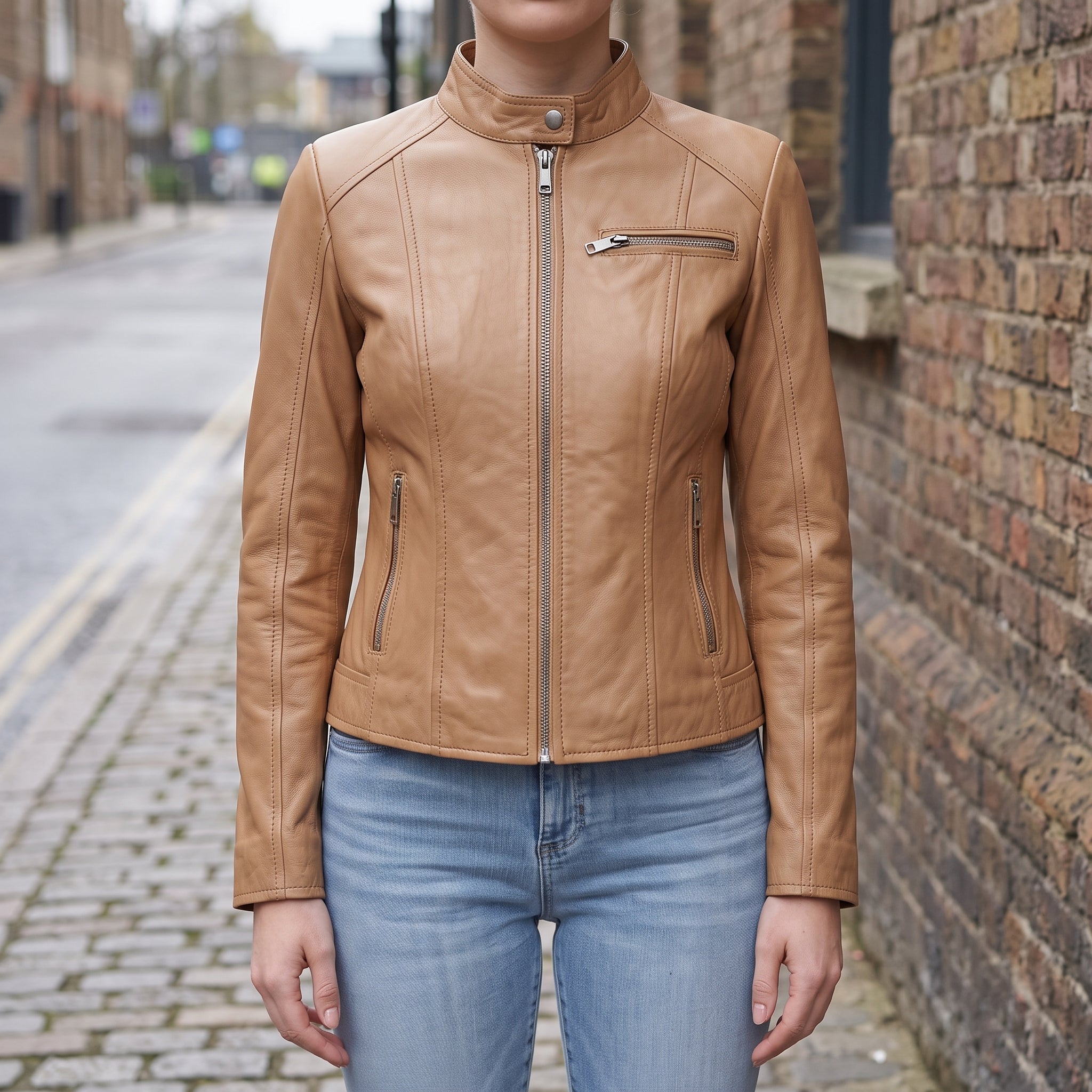 Women's Tan Leather Biker Jacket — Cary