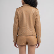 Women's Tan Studded Asymmetrical Leather Biker Jacket — Abberwell