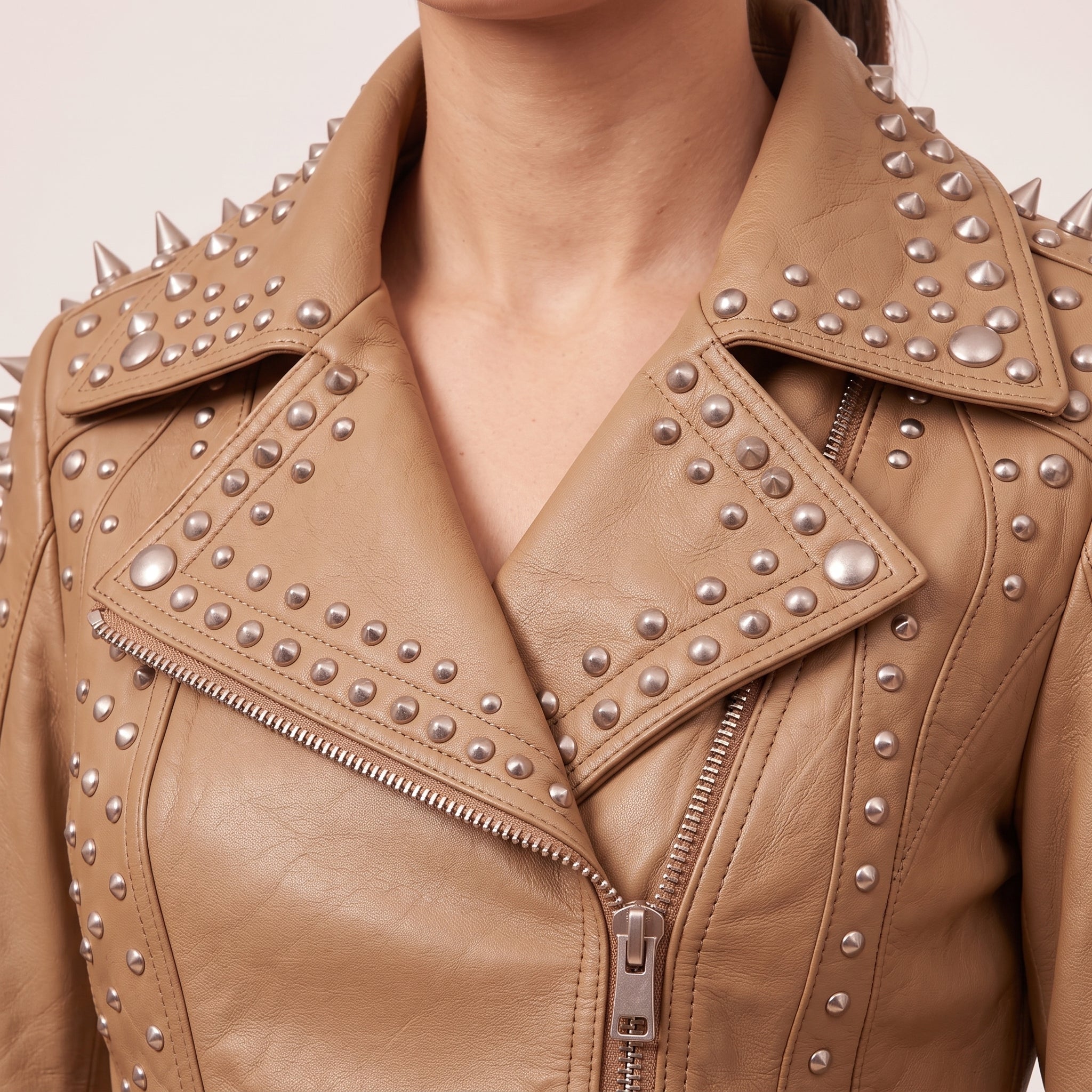 Women's Tan Studded Leather Biker Jacket — Acreley