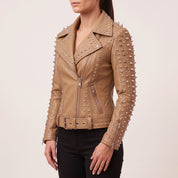 Women's Tan Studded Leather Biker Jacket — Acreley