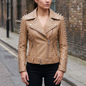 Women's Tan Studded Leather Biker Jacket — Acreley