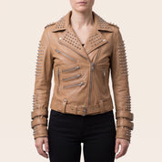 Women's Tan Studded Leather Biker Jacket — Fritton