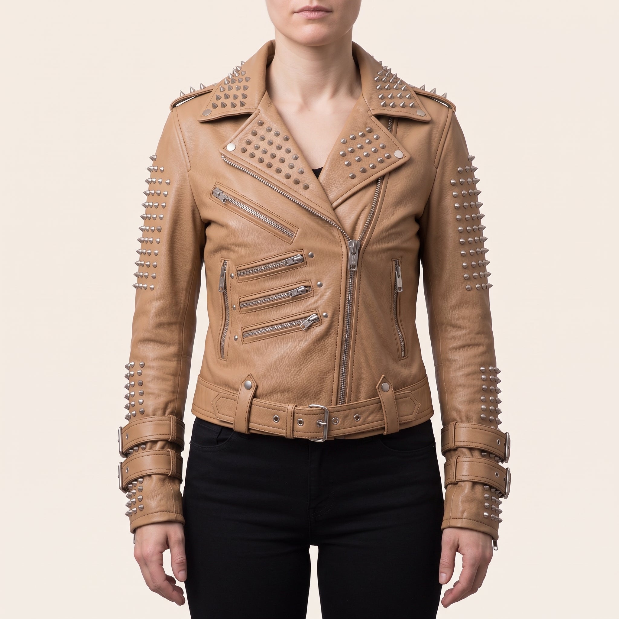 Women's Tan Studded Leather Biker Jacket — Fritton