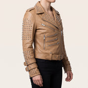 Women's Tan Studded Leather Biker Jacket — Fritton