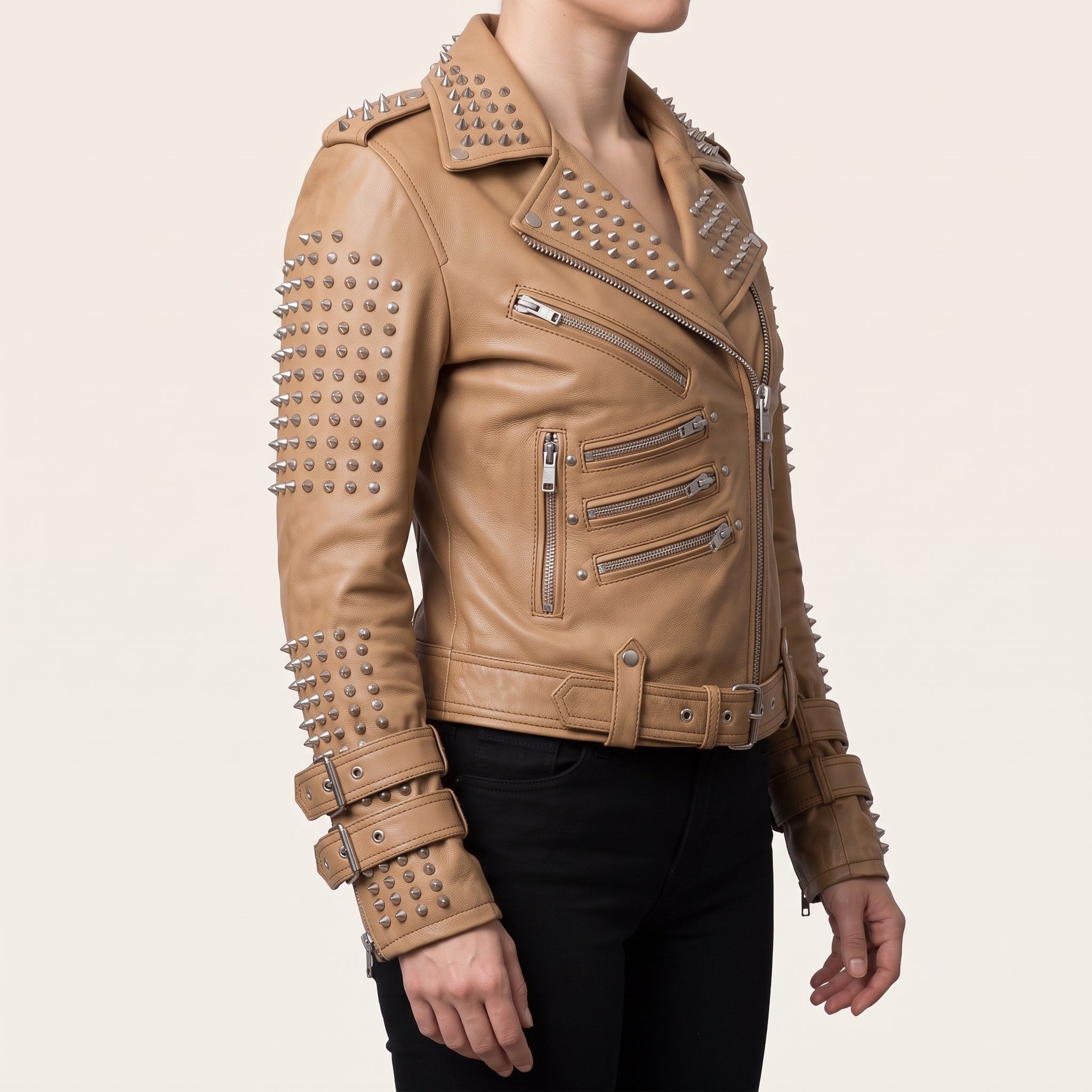 Women's Tan Studded Leather Biker Jacket — Fritton