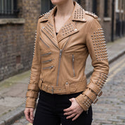 Women's Tan Studded Leather Biker Jacket — Fritton