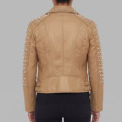 Women's Tan Studded Leather Biker Jacket — Hammersley