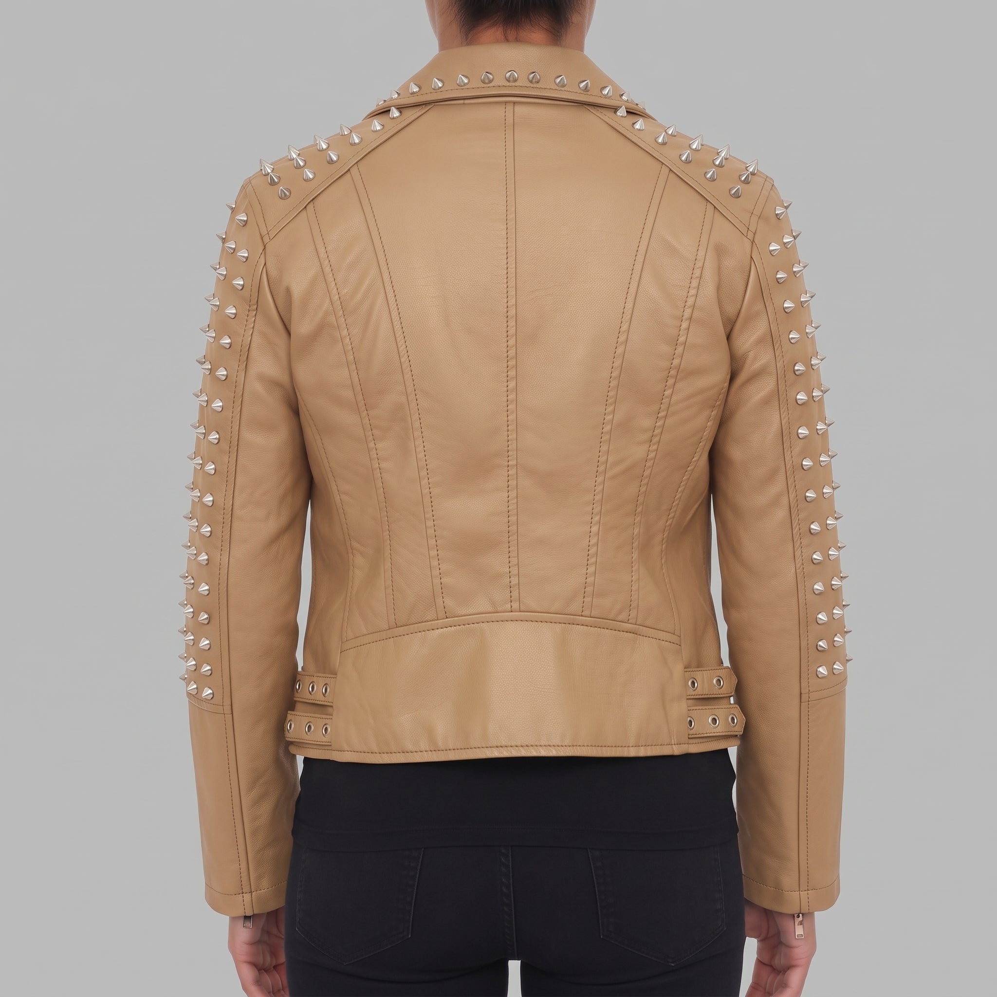 Women's Tan Studded Leather Biker Jacket — Hammersley
