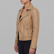 Women's Tan Studded Leather Biker Jacket — Hammersley