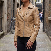 Women's Tan Studded Leather Biker Jacket — Hammersley