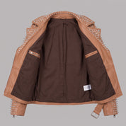 Women's Tan Studded Leather Biker Jacket — Holden