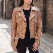 Women's Tan Studded Leather Biker Jacket — Holden