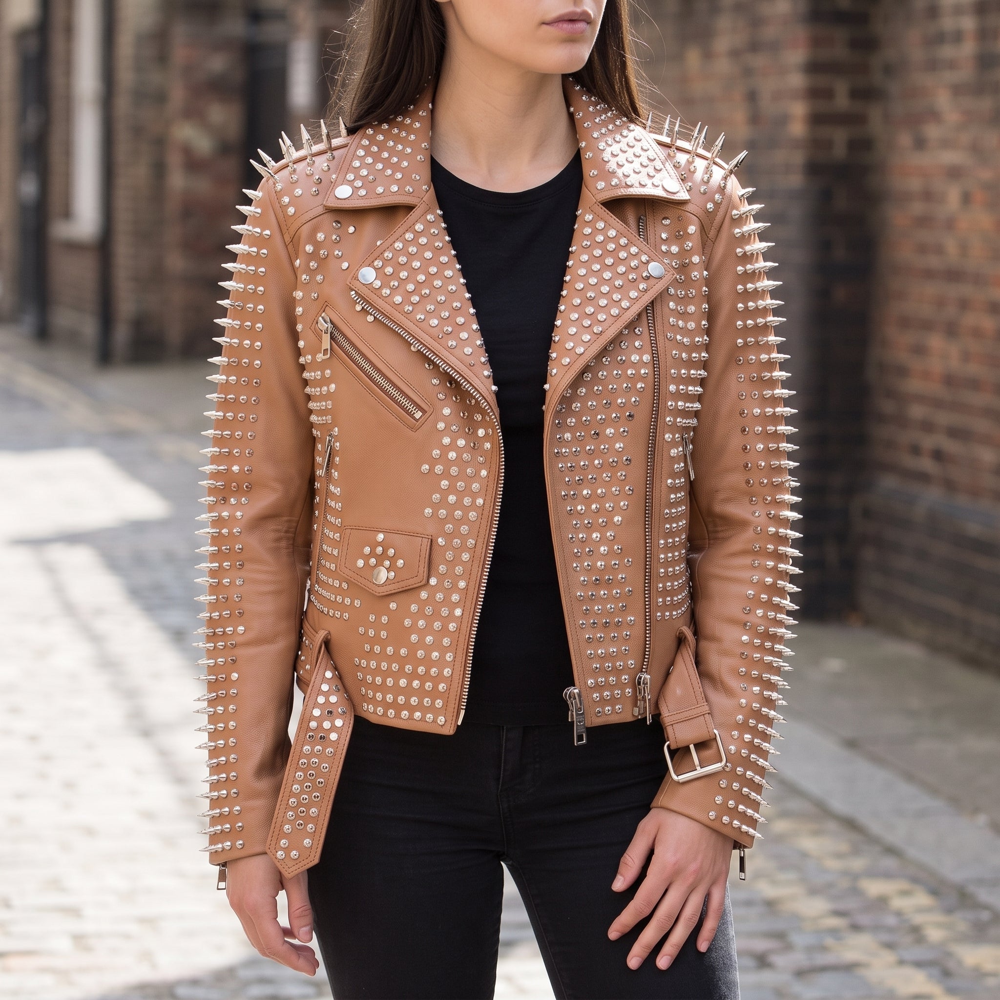 Women's Tan Studded Leather Biker Jacket — Holden