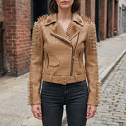 Women's Tan Studded Leather Biker Jacket — Lancaster