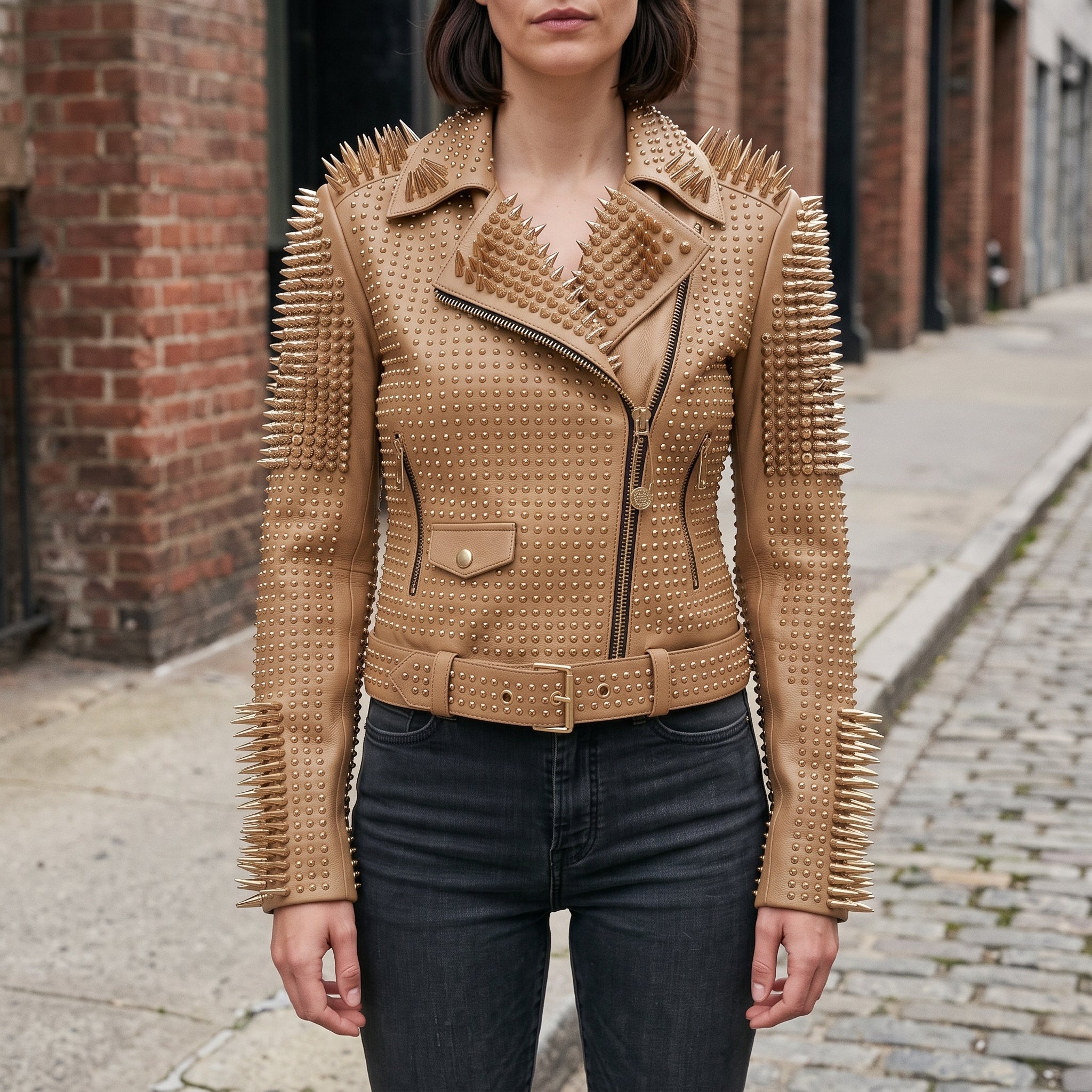 Women's Tan Studded Leather Biker Jacket — Lancaster