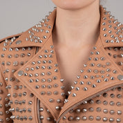 Women's Tan Studded Leather Biker Jacket — Lowton