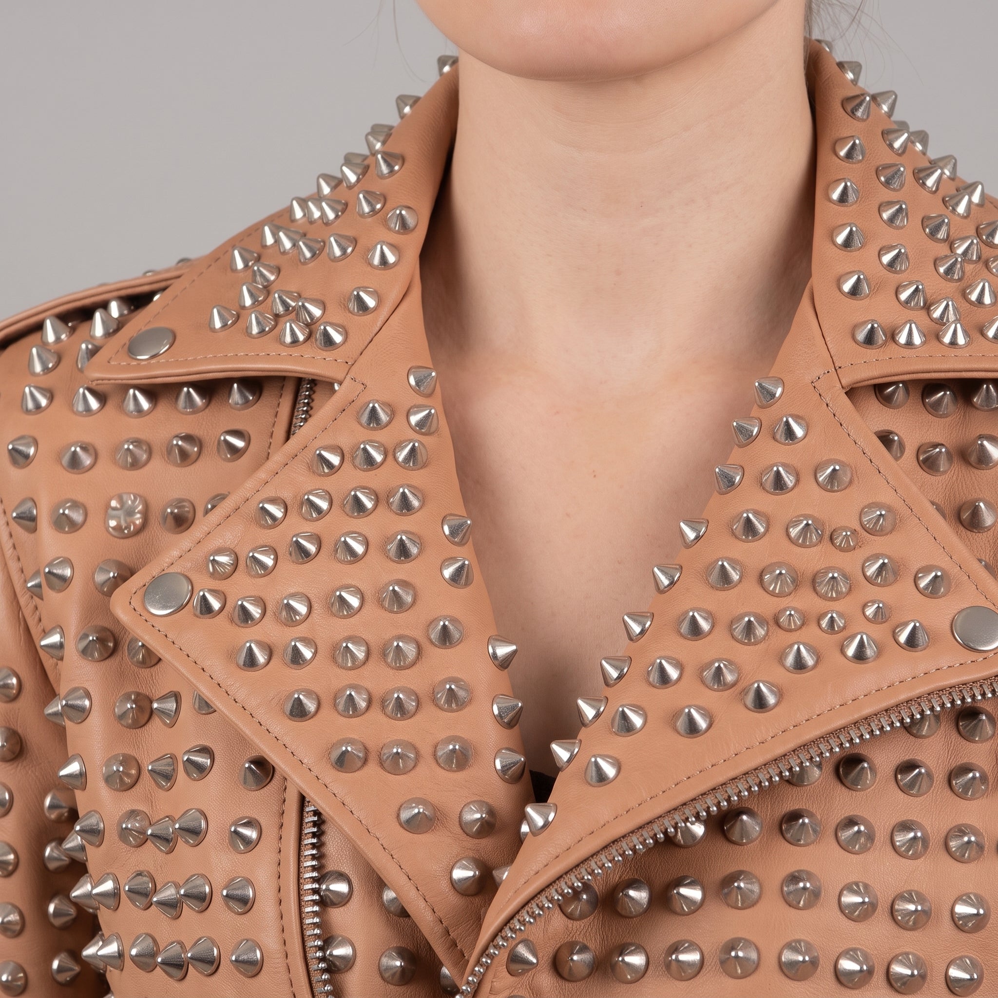 Women's Tan Studded Leather Biker Jacket — Lowton