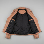 Women's Tan Studded Leather Biker Jacket — Lowton