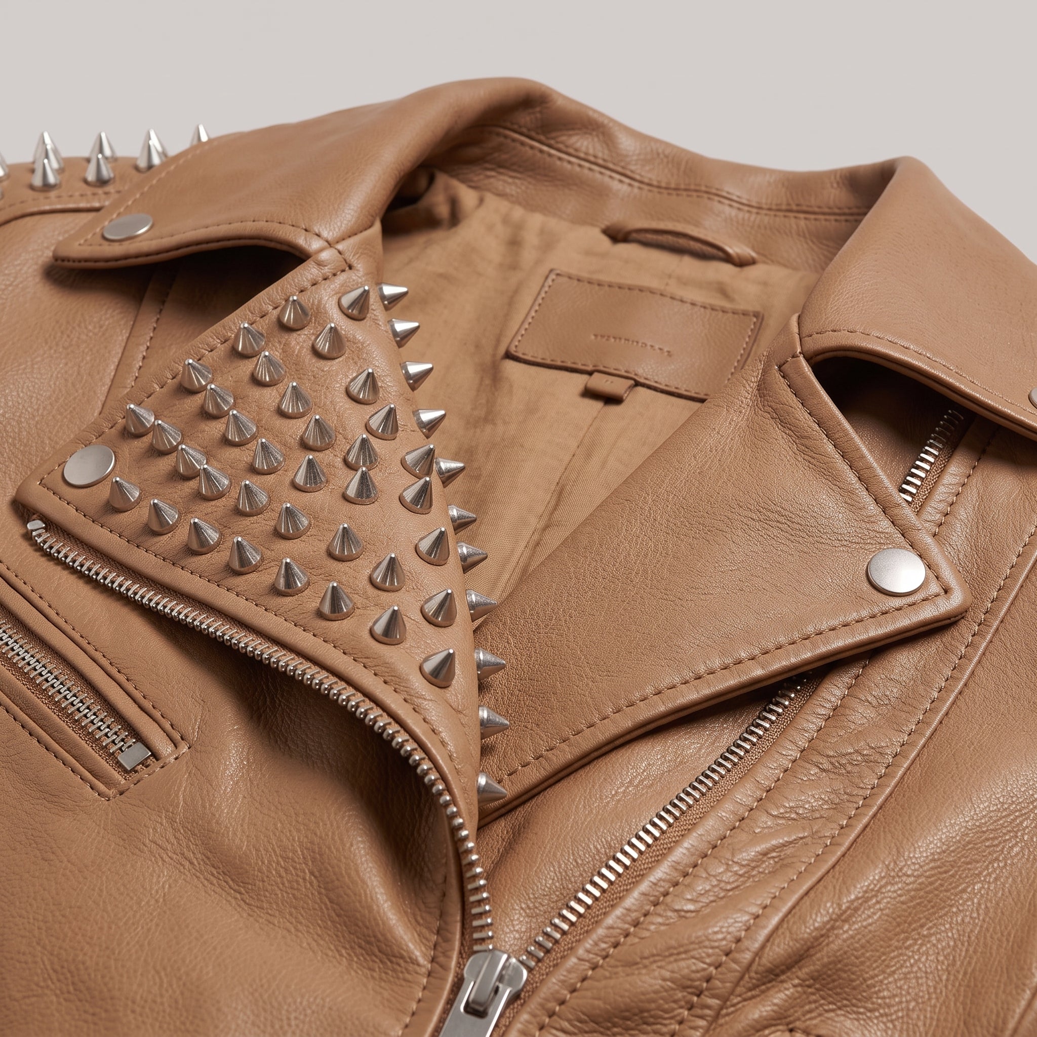 Women's Tan Studded Leather Biker Jacket — Mirfield
