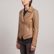 Women's Tan Studded Leather Biker Jacket — Mirfield