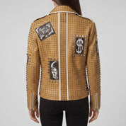 Women's Tan Studded Leather Biker Jacket — Ponsonby