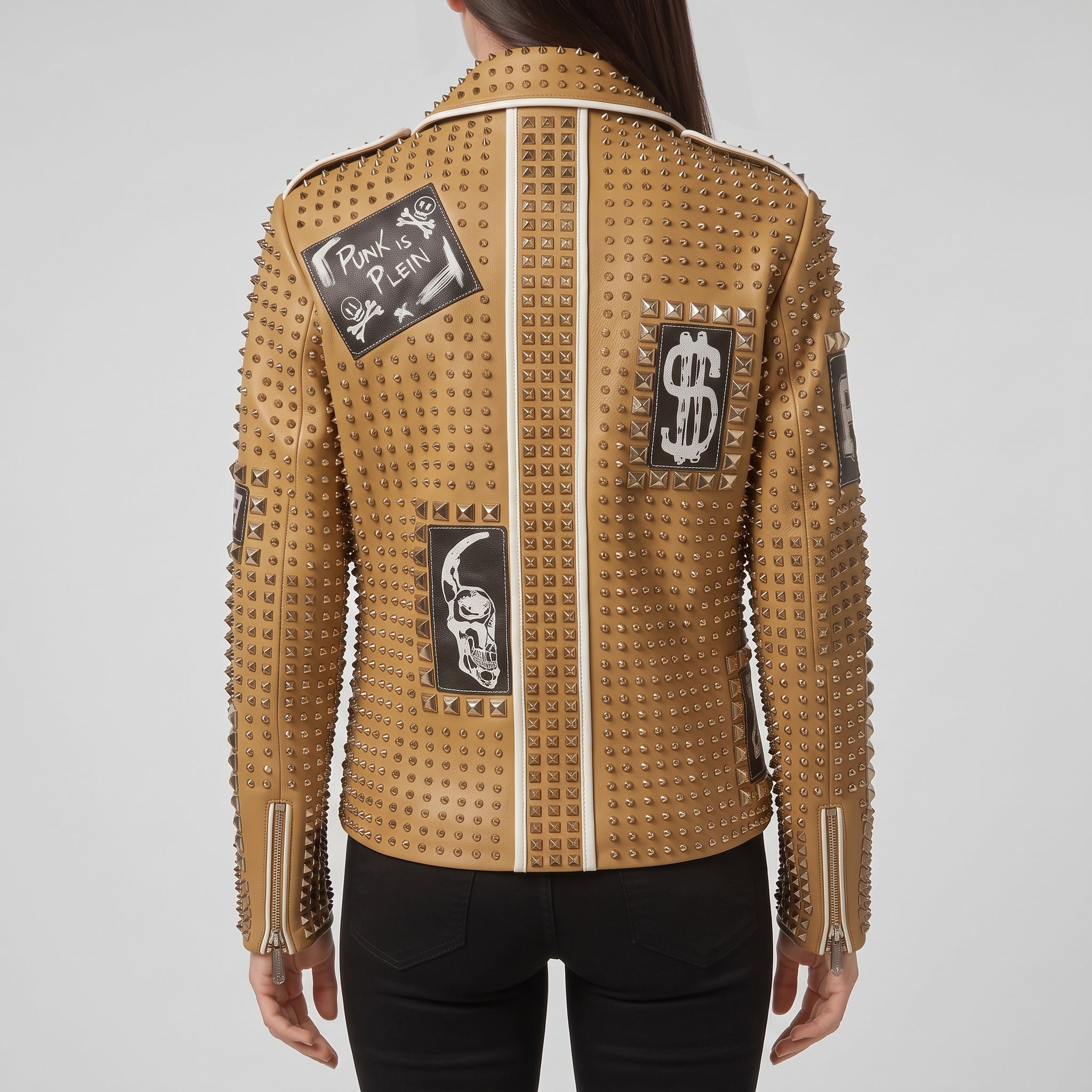 Women's Tan Studded Leather Biker Jacket — Ponsonby
