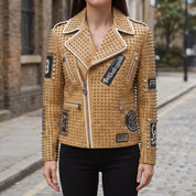 Women's Tan Studded Leather Biker Jacket — Ponsonby