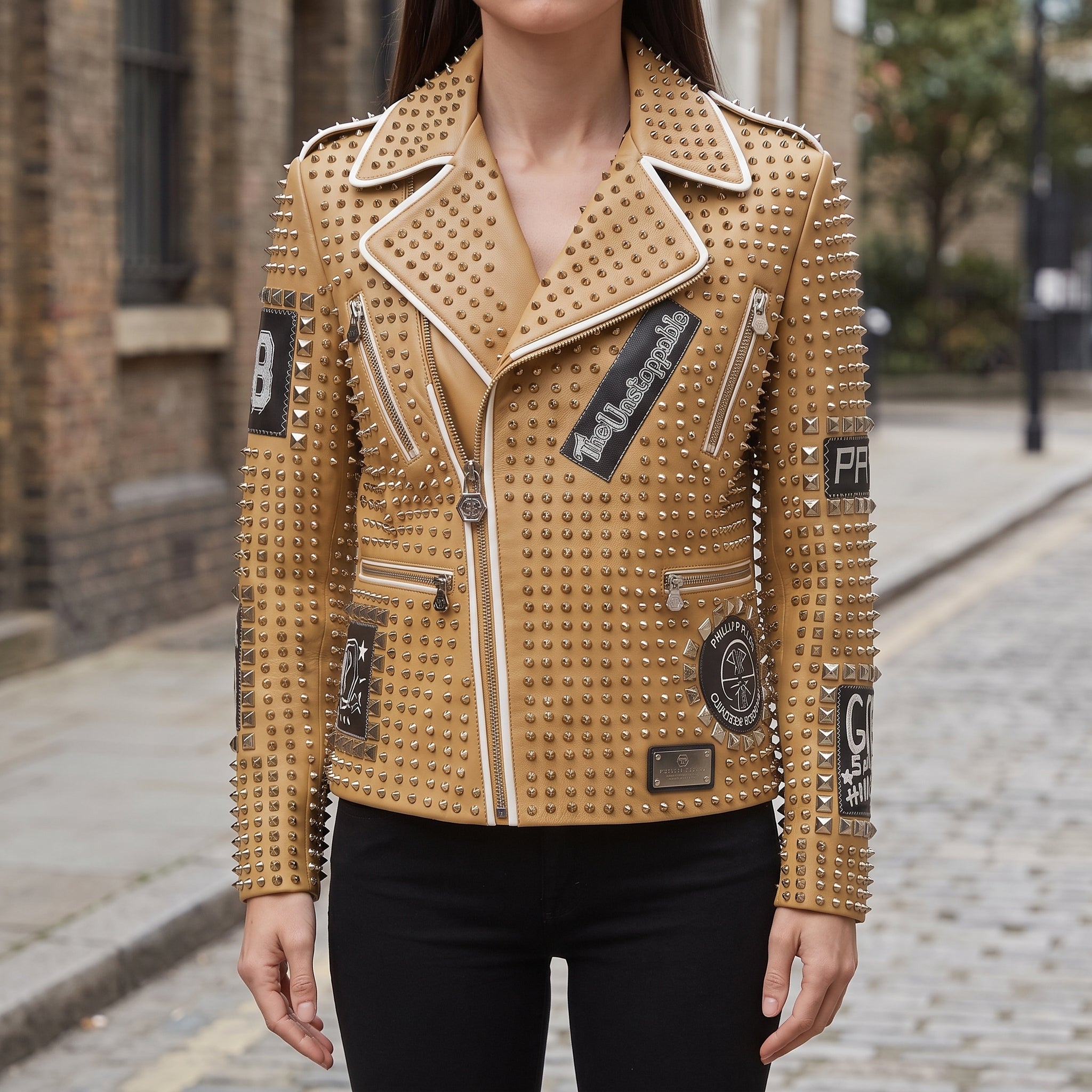Women's Tan Studded Leather Biker Jacket — Ponsonby