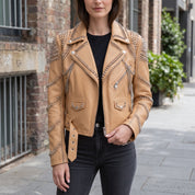 Women's Tan Studded Leather Biker Jacket — Seddon